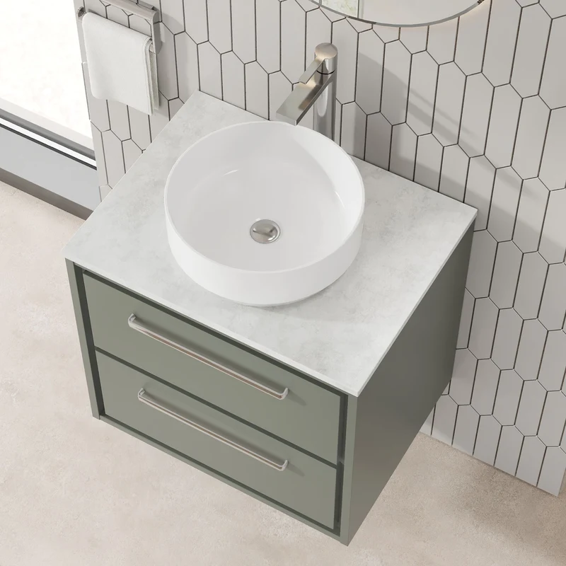 Lille 600mm Wall Hung 2 Drawer Vanity Unit & White Marble Worktop - Fern Green Matt