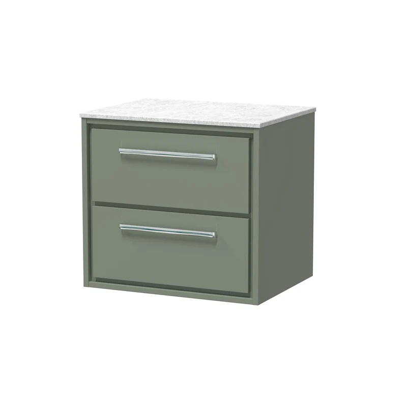 Lille 600mm Wall Hung 2 Drawer Vanity Unit & White Marble Worktop - Fern Green Matt