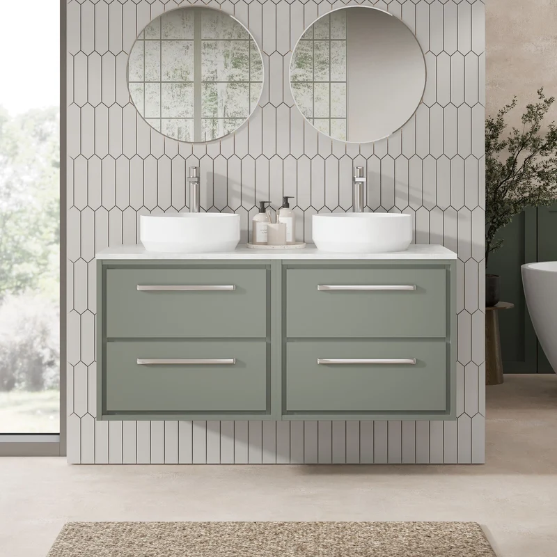 Lille 1200mm Wall Hung 4 Drawer Vanity Unit & White Marble Worktop - Fern Green Matt