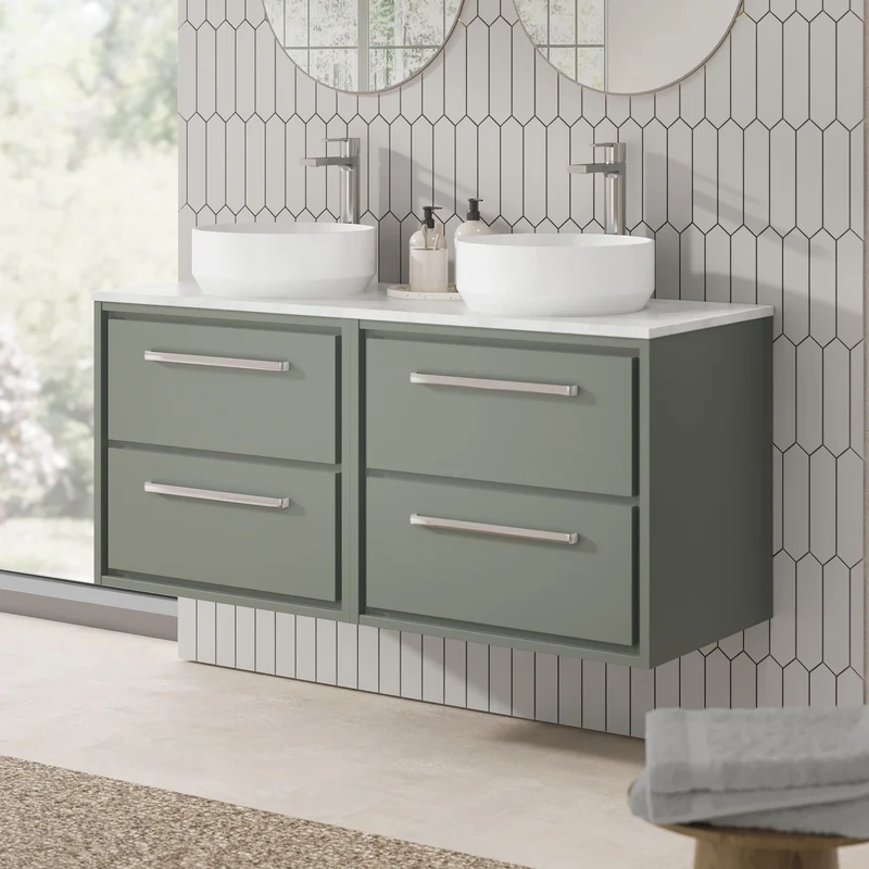 Lille 1200mm Wall Hung 4 Drawer Vanity Unit & White Marble Worktop - Fern Green Matt
