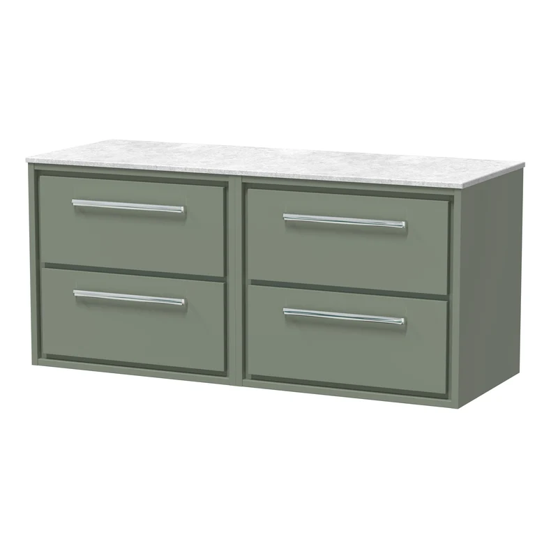 Lille 1200mm Wall Hung 4 Drawer Vanity Unit & White Marble Worktop - Fern Green Matt