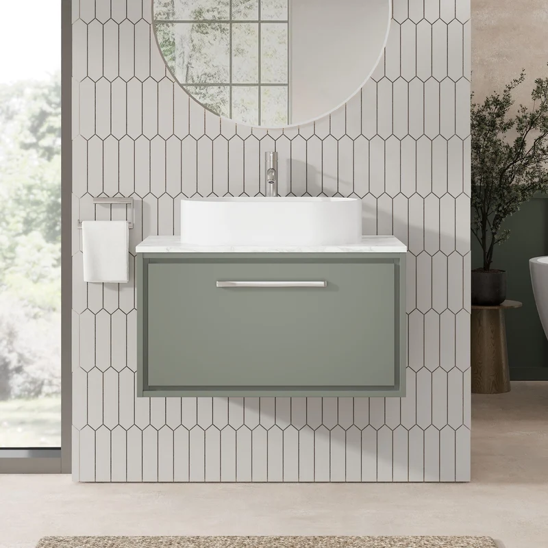 Lille 800mm Wall Hung 1 Drawer Vanity Unit & Carrera Marble Worktop - Fern Green Matt