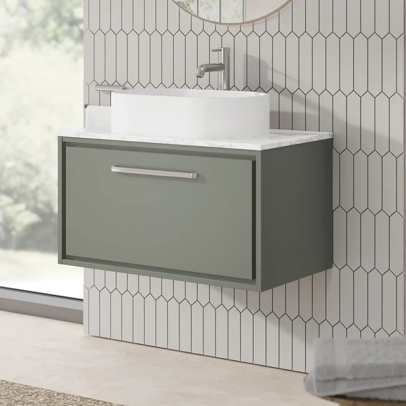 Lille 800mm Wall Hung 1 Drawer Vanity Unit & Carrera Marble Worktop - Fern Green Matt