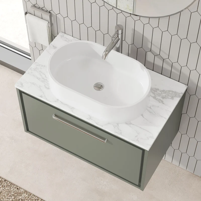 Lille 800mm Wall Hung 1 Drawer Vanity Unit & Carrera Marble Worktop - Fern Green Matt
