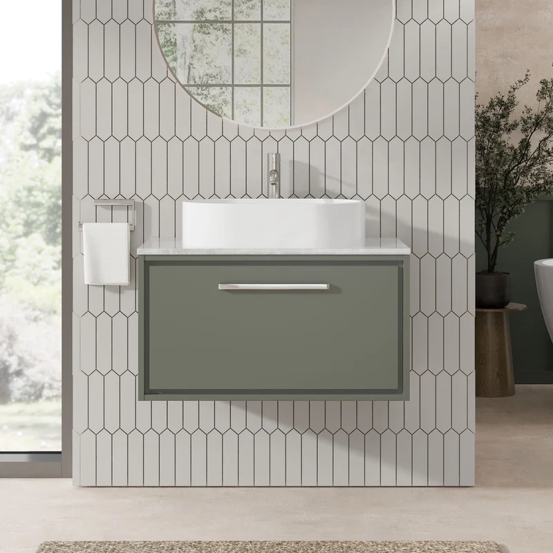 Lille 800mm Wall Hung 1 Drawer Vanity Unit & Grey Marble Worktop - Fern Green Matt