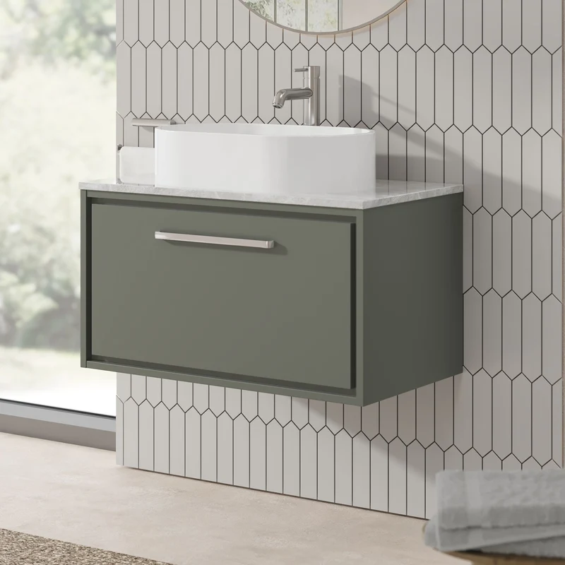 Lille 800mm Wall Hung 1 Drawer Vanity Unit & Grey Marble Worktop - Fern Green Matt