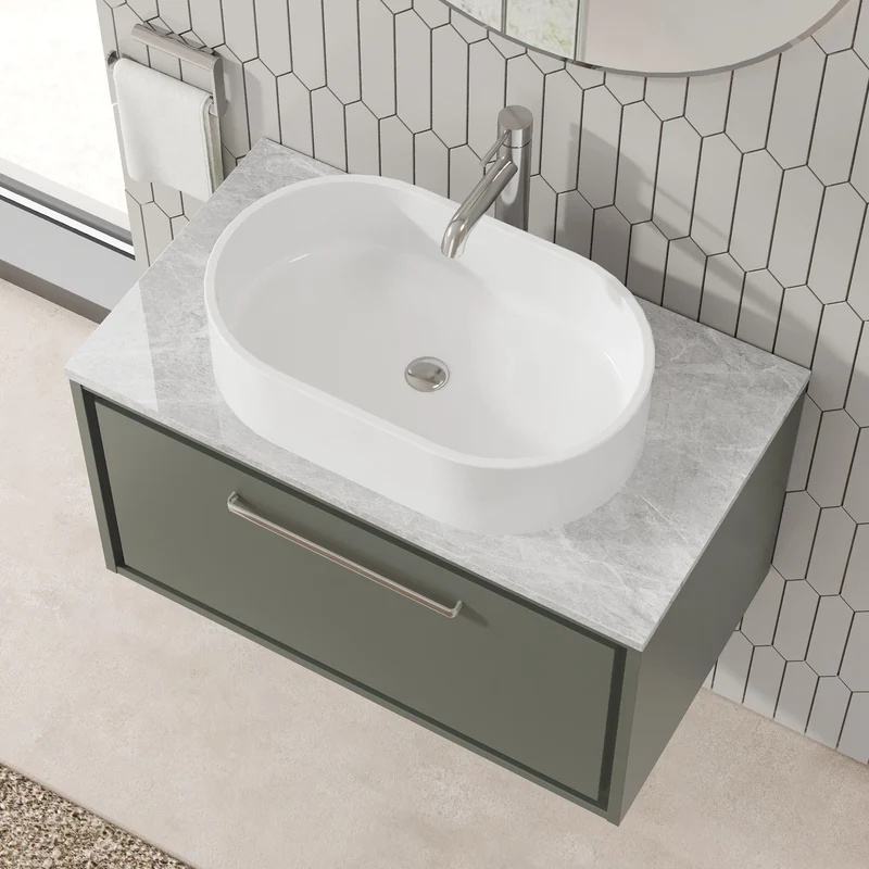 Lille 800mm Wall Hung 1 Drawer Vanity Unit & Grey Marble Worktop - Fern Green Matt