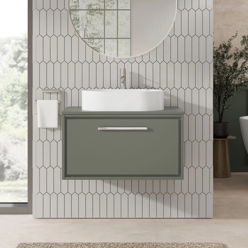 Lille 800mm Wall Hung 1 Drawer Vanity Unit & Worktop - Fern Green Matt