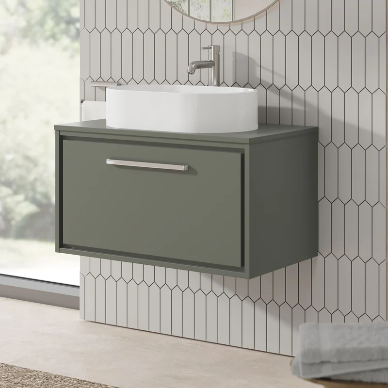 Lille 800mm Wall Hung 1 Drawer Vanity Unit & Worktop - Fern Green Matt
