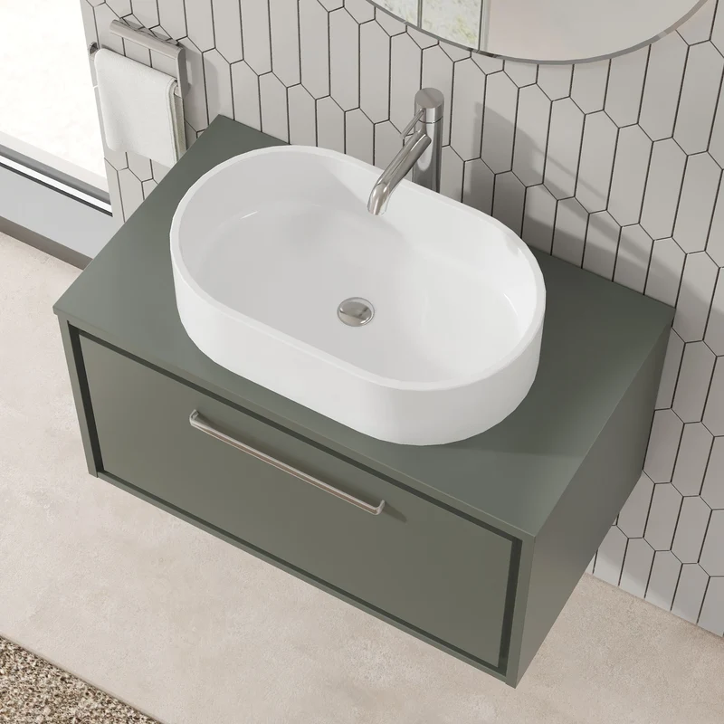 Lille 800mm Wall Hung 1 Drawer Vanity Unit & Worktop - Fern Green Matt