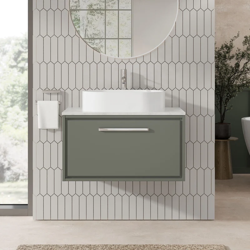 Lille 800mm Wall Hung 1 Drawer Vanity Unit & White Marble Worktop - Fern Green Matt