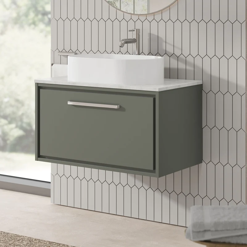 Lille 800mm Wall Hung 1 Drawer Vanity Unit & White Marble Worktop - Fern Green Matt