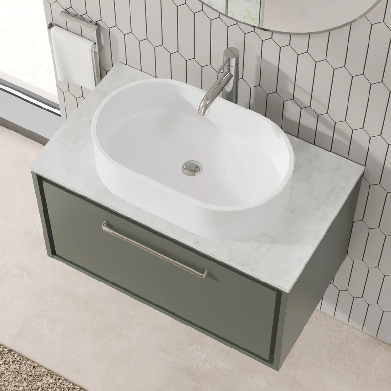 Lille 800mm Wall Hung 1 Drawer Vanity Unit & White Marble Worktop - Fern Green Matt