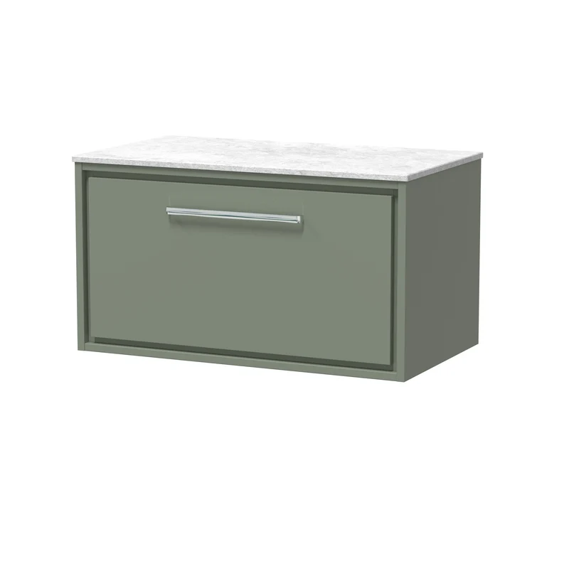 Lille 800mm Wall Hung 1 Drawer Vanity Unit & White Marble Worktop - Fern Green Matt