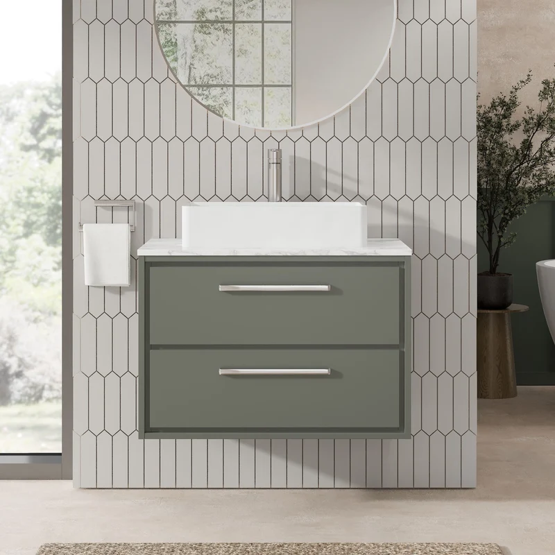 Lille 800mm Wall Hung 2 Drawer Vanity Unit & Carrera Marble Worktop - Fern Green Matt