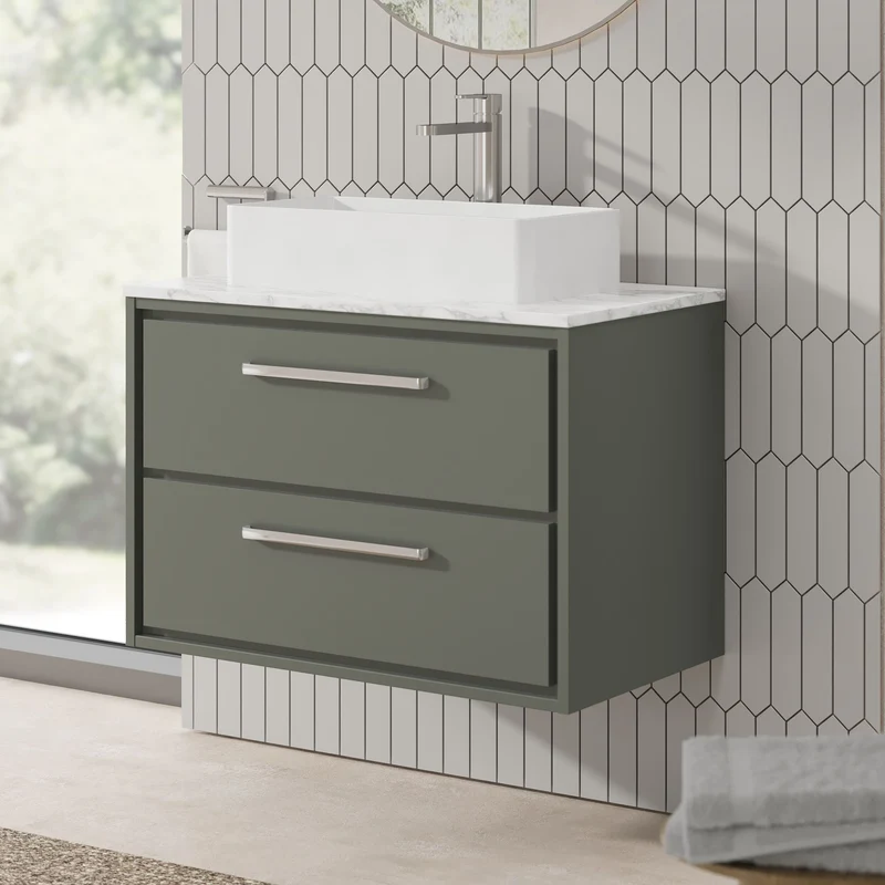 Lille 800mm Wall Hung 2 Drawer Vanity Unit & Carrera Marble Worktop - Fern Green Matt