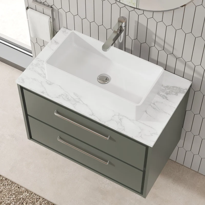Lille 800mm Wall Hung 2 Drawer Vanity Unit & Carrera Marble Worktop - Fern Green Matt