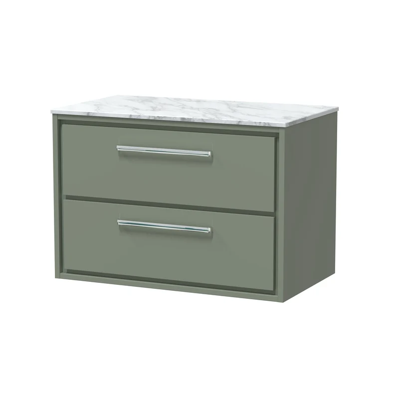 Lille 800mm Wall Hung 2 Drawer Vanity Unit & Carrera Marble Worktop - Fern Green Matt