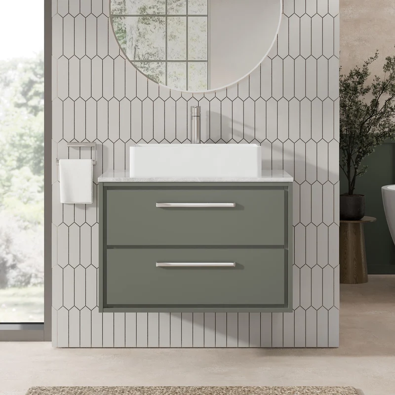 Lille 800mm Wall Hung 2 Drawer Vanity Unit & Grey Marble Worktop - Fern Green Matt