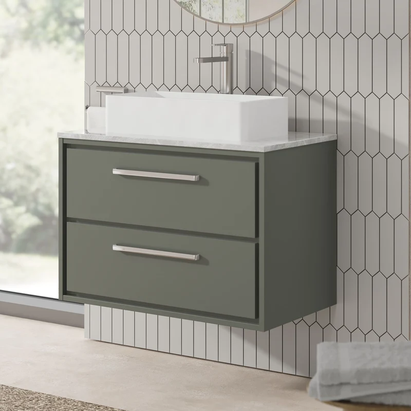Lille 800mm Wall Hung 2 Drawer Vanity Unit & Grey Marble Worktop - Fern Green Matt