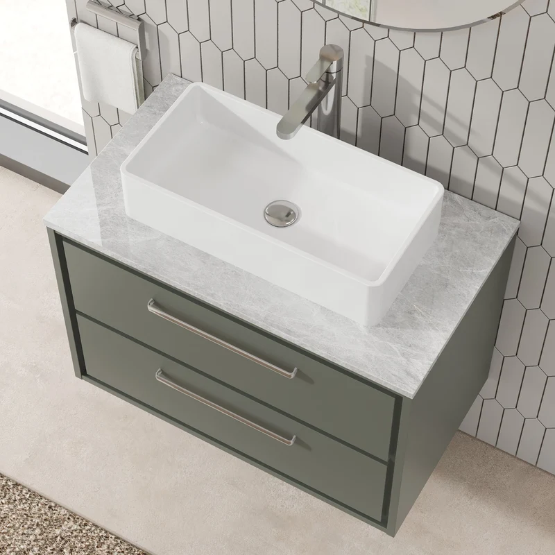 Lille 800mm Wall Hung 2 Drawer Vanity Unit & Grey Marble Worktop - Fern Green Matt