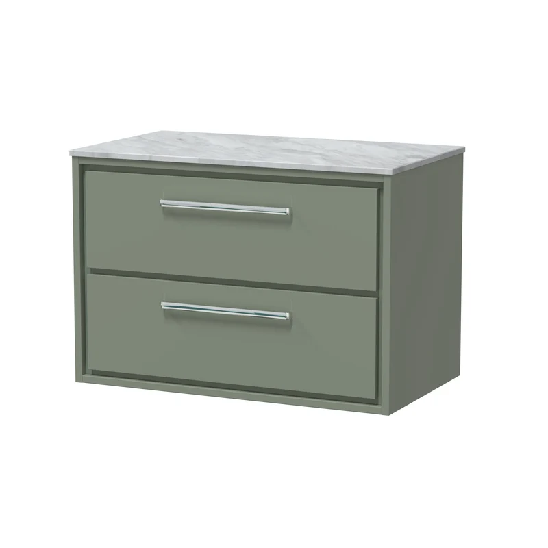 Lille 800mm Wall Hung 2 Drawer Vanity Unit & Grey Marble Worktop - Fern Green Matt