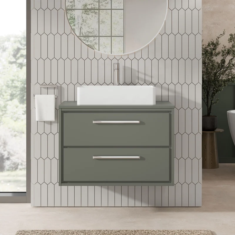 Lille 800mm Wall Hung 2 Drawer Vanity Unit & Worktop - Fern Green Matt