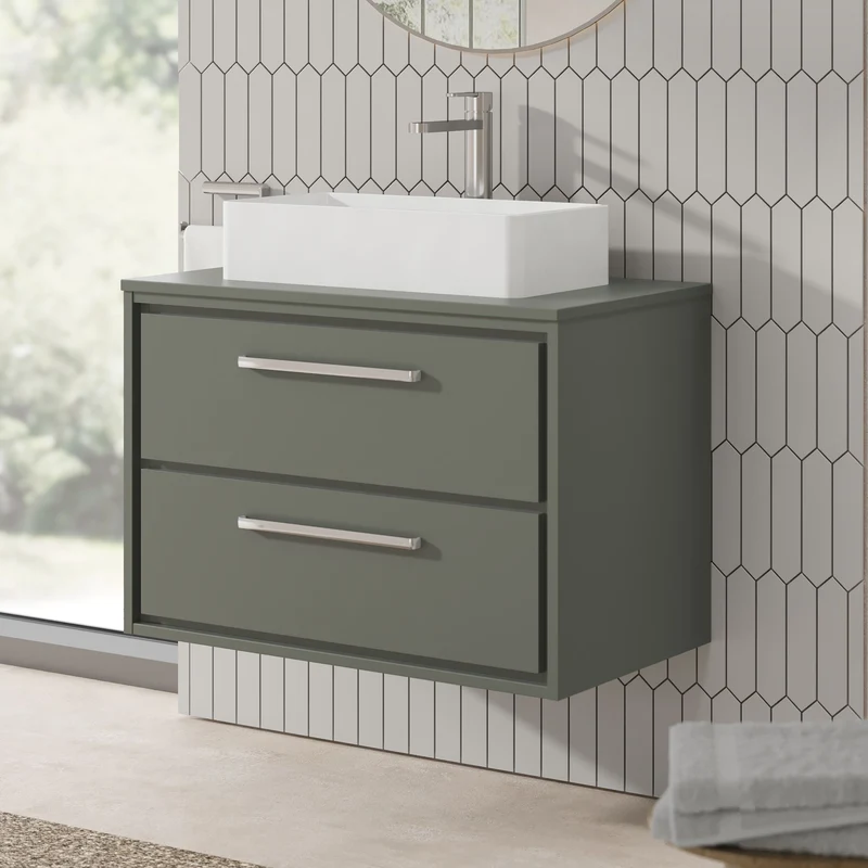Lille 800mm Wall Hung 2 Drawer Vanity Unit & Worktop - Fern Green Matt
