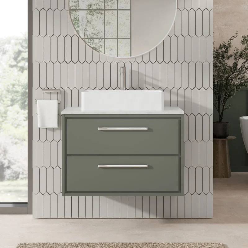 Lille 800mm Wall Hung 2 Drawer Vanity Unit & White Marble Worktop - Fern Green Matt