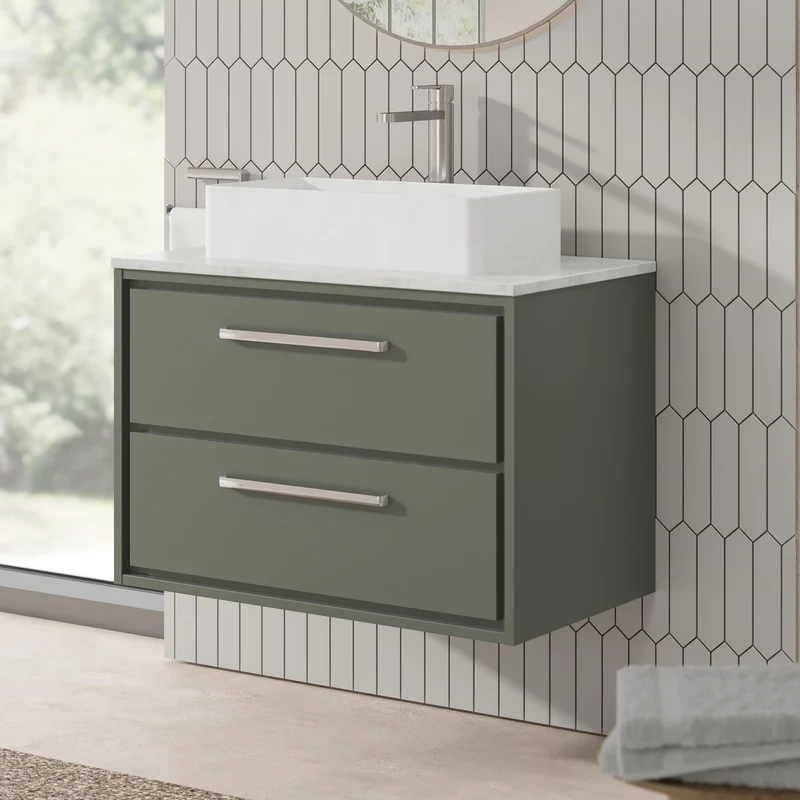 Lille 800mm Wall Hung 2 Drawer Vanity Unit & White Marble Worktop - Fern Green Matt