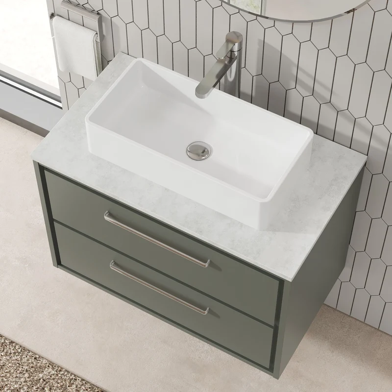 Lille 800mm Wall Hung 2 Drawer Vanity Unit & White Marble Worktop - Fern Green Matt
