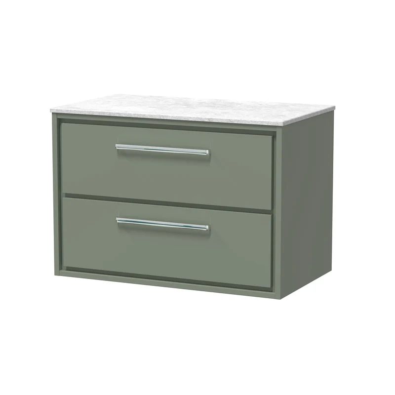 Lille 800mm Wall Hung 2 Drawer Vanity Unit & White Marble Worktop - Fern Green Matt