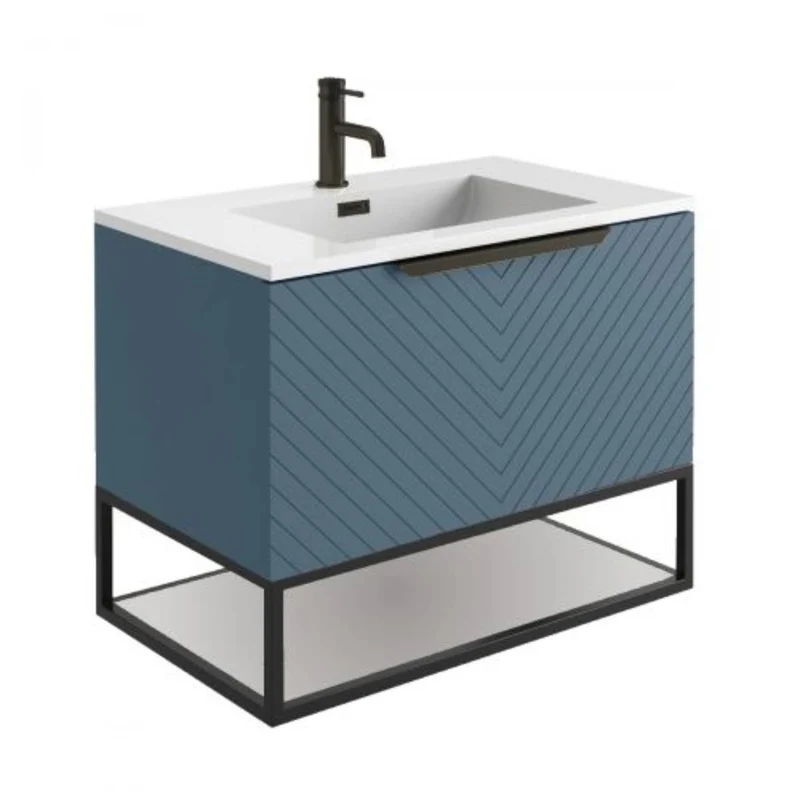 Chevron 800mm Wall Hung Vanity Unit & Basin with Black Frame - Blue