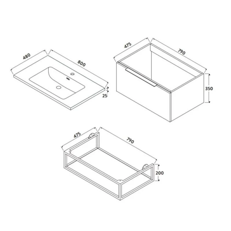 Chevron 800mm Wall Hung Vanity Unit & Basin with Black Frame - Blue