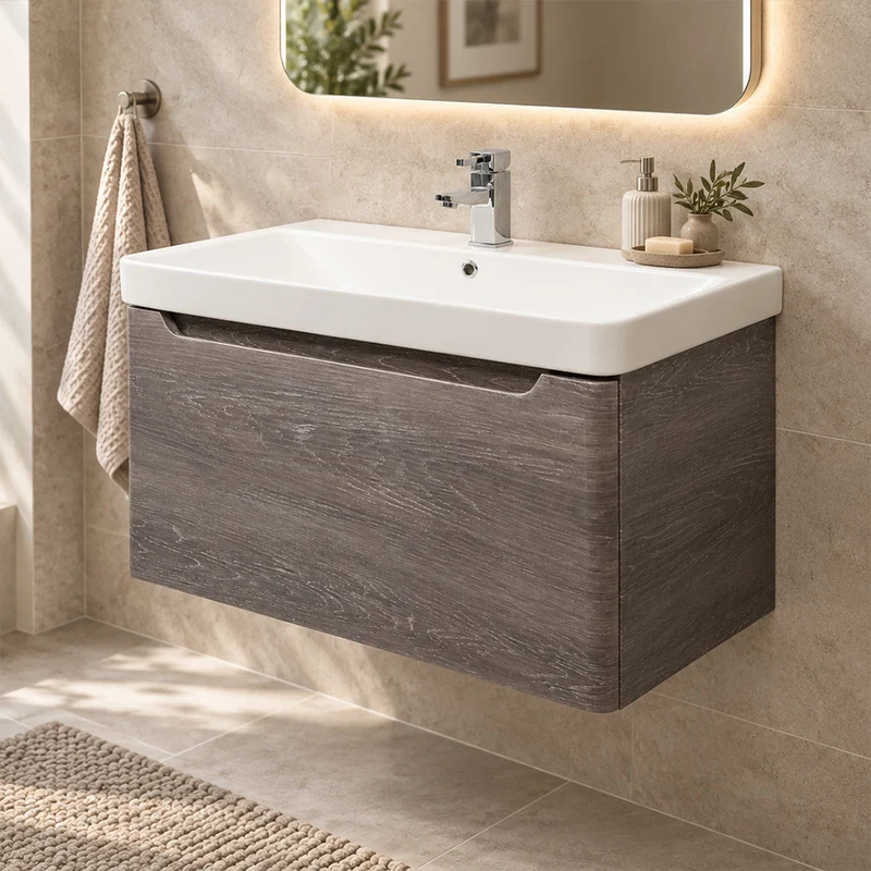 Camden 800mm 1 Drawer Wall Hung Vanity Unit and basin - Graphite Oak