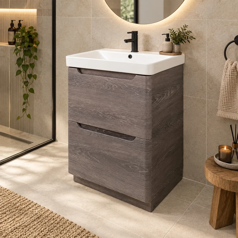 Camden 600mm 2 Drawer Floor Standing Vanity Unit and Basin - Graphite Oak
