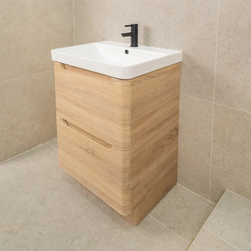 Camden 600mm 2 Drawer Floor Standing Vanity Unit and Basin - Bardolino Oak