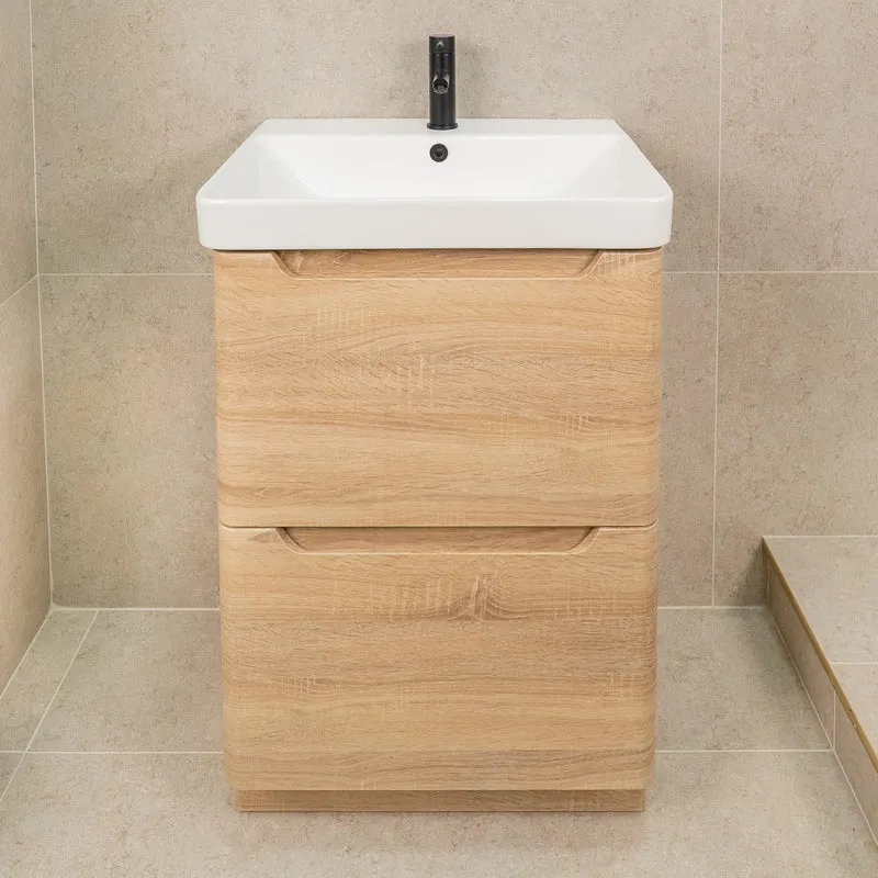 Camden 600mm 2 Drawer Floor Standing Vanity Unit and Basin - Bardolino Oak