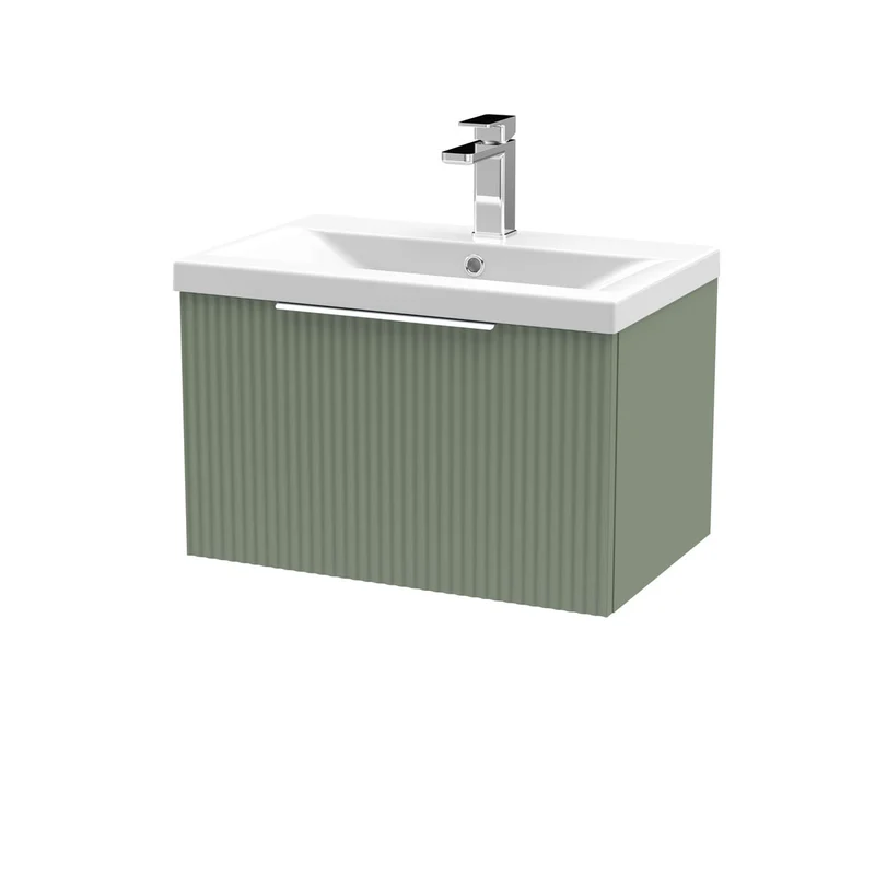 Hudson Reed Fluted 600mm Wall Hung Single Drawer Vanity Unit & Basin - Satin Green