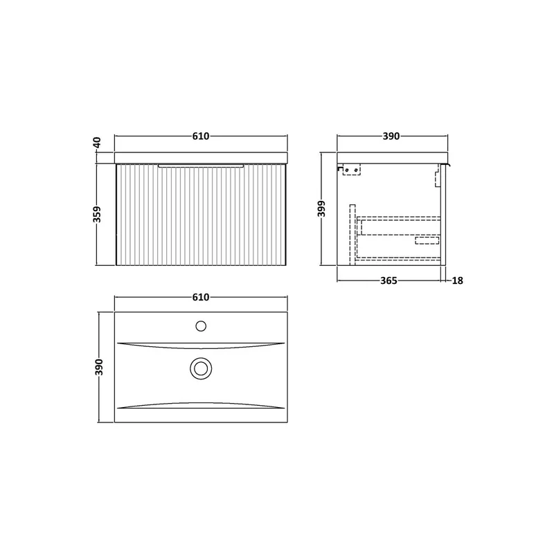 Hudson Reed Fluted 600mm Wall Hung Single Drawer Vanity Unit & Basin - Satin Green