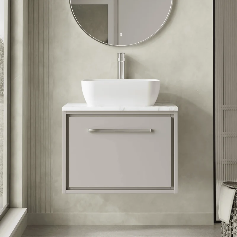 Lille 600mm Wall Hung 1 Drawer Vanity Unit & Carrera Marble Worktop - Pebble Grey Matt