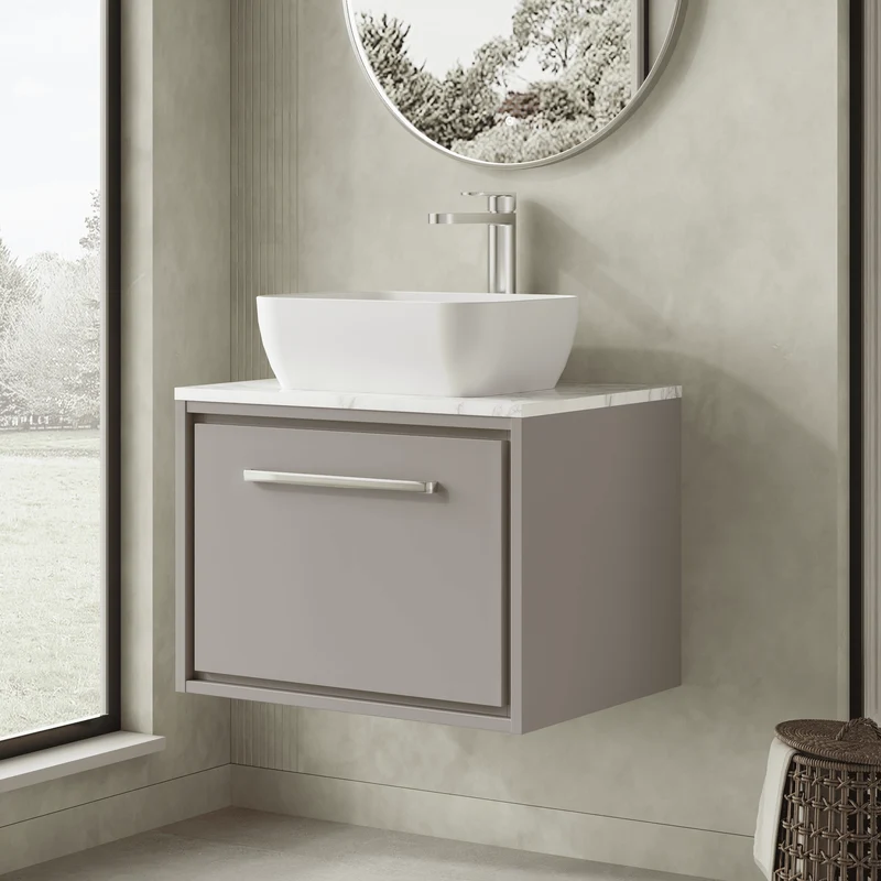 Lille 600mm Wall Hung 1 Drawer Vanity Unit & Carrera Marble Worktop - Pebble Grey Matt