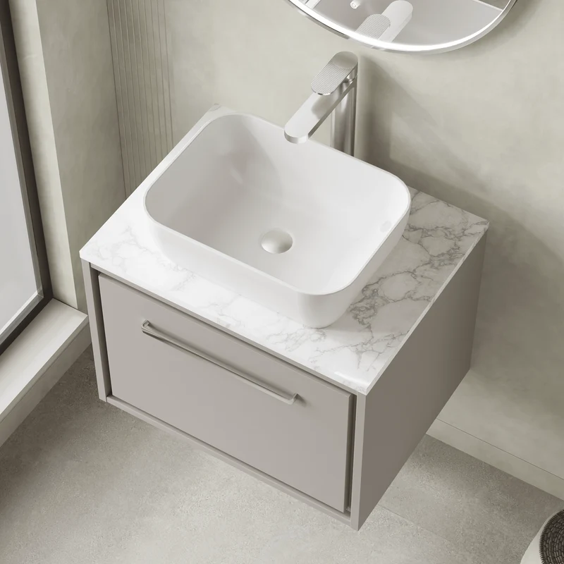 Lille 600mm Wall Hung 1 Drawer Vanity Unit & Carrera Marble Worktop - Pebble Grey Matt