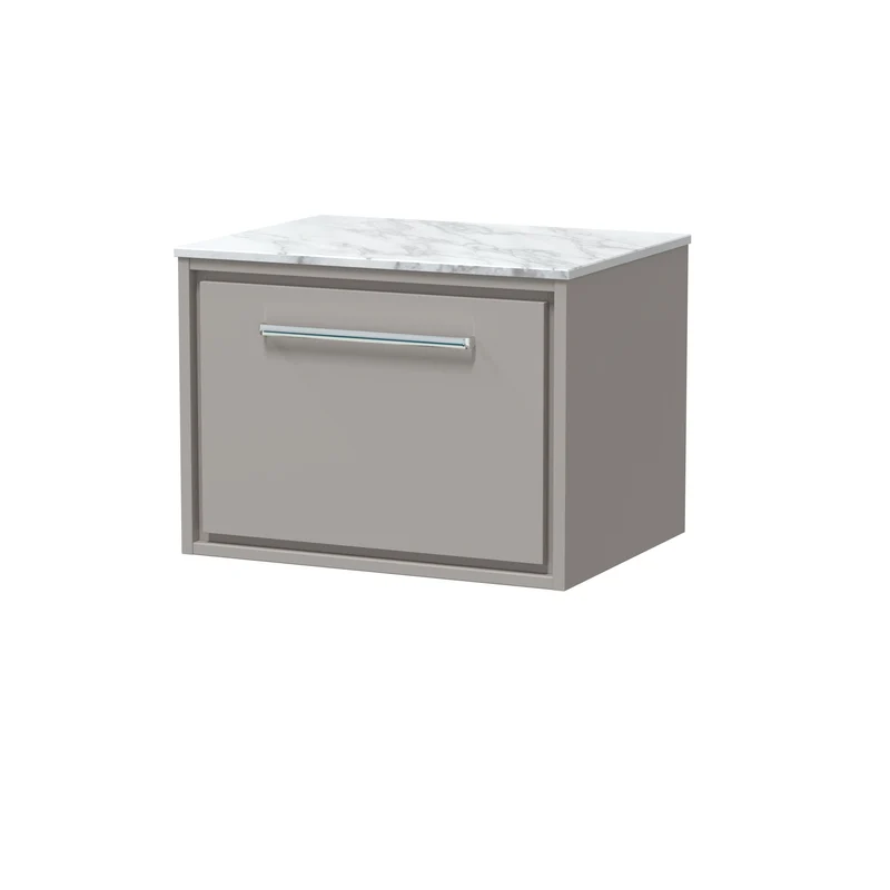 Lille 600mm Wall Hung 1 Drawer Vanity Unit & Carrera Marble Worktop - Pebble Grey Matt