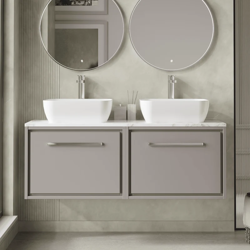 Lille 1200mm Wall Hung 2 Drawer Vanity Unit & Carrera Marble Worktop - Pebble Grey Matt