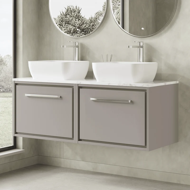Lille 1200mm Wall Hung 2 Drawer Vanity Unit & Carrera Marble Worktop - Pebble Grey Matt