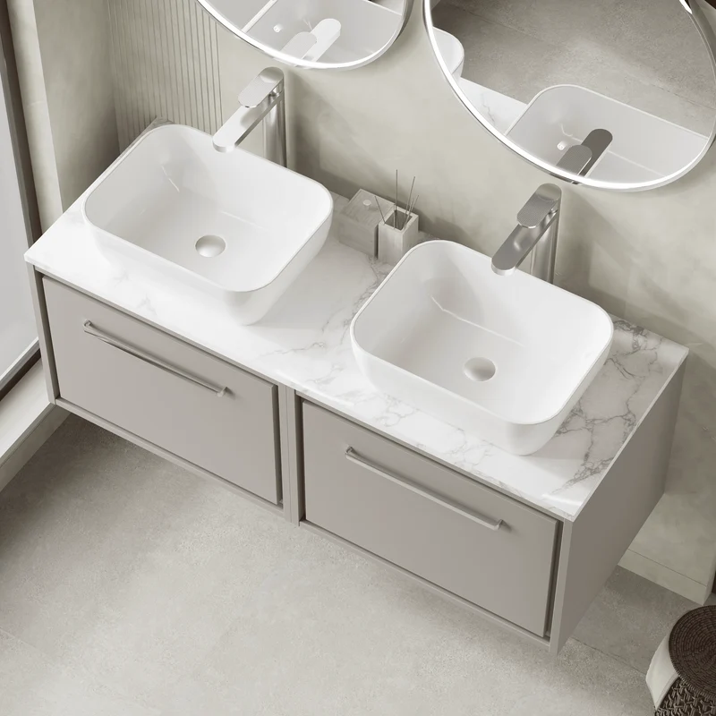 Lille 1200mm Wall Hung 2 Drawer Vanity Unit & Carrera Marble Worktop - Pebble Grey Matt