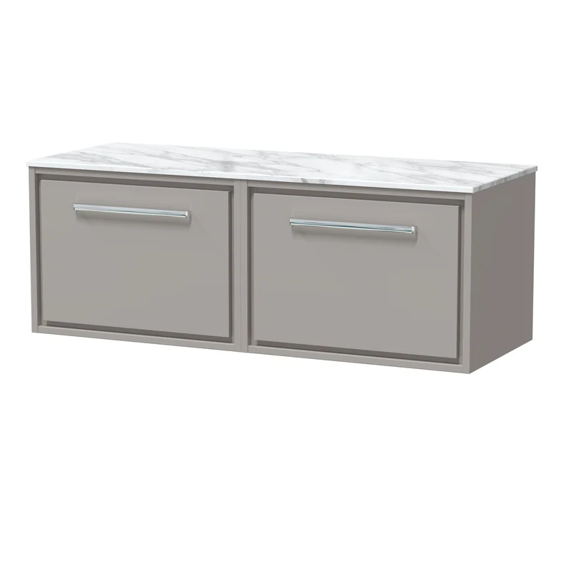 Lille 1200mm Wall Hung 2 Drawer Vanity Unit & Carrera Marble Worktop - Pebble Grey Matt