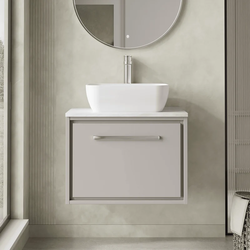 Lille 600mm Wall Hung 1 Drawer Vanity Unit & Grey Marble Worktop - Pebble Grey Matt