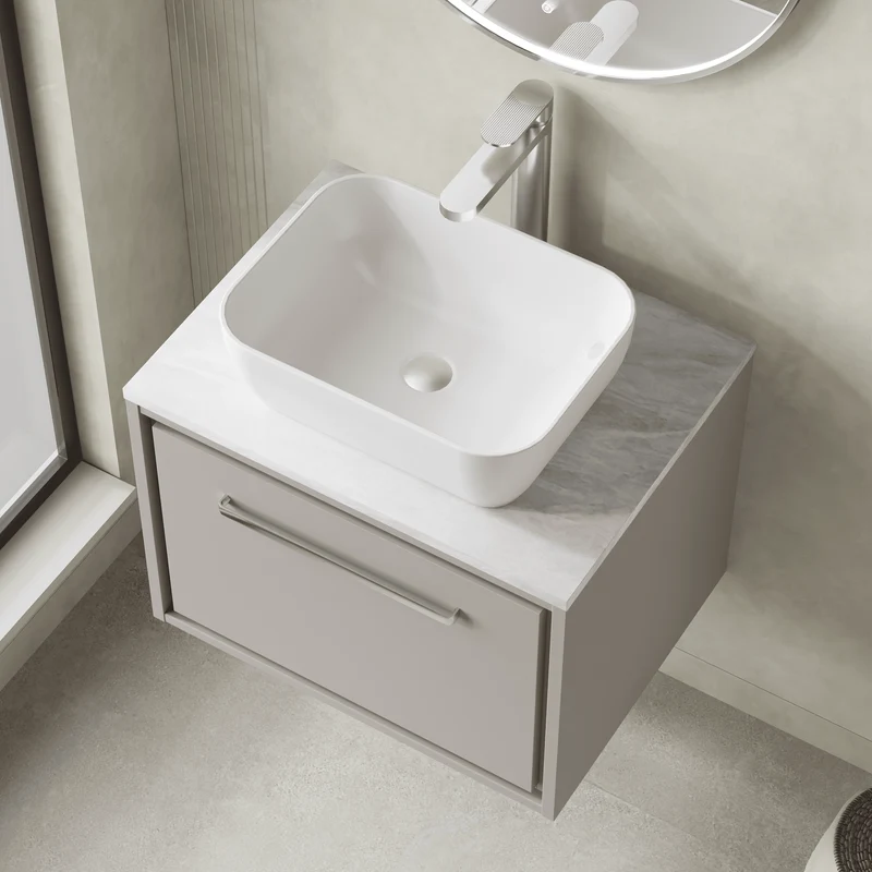 Lille 600mm Wall Hung 1 Drawer Vanity Unit & Grey Marble Worktop - Pebble Grey Matt